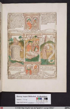 Drei biblische Szenen umgeben von vier Propheten. Links Ruben an der Zisterne, mittig ein Engel erscheint den Frauen am Grab Christis, rechts eine Braut sucht ihren Bräutigam.