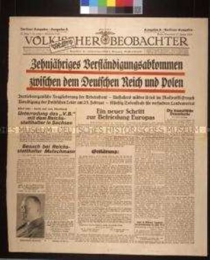 Titelblatt der NS-Tageszeitung "Völkischer Beobachter" zu einem Abkommem mit Polen, Schlagzeile: "Zehnjähriges Verständigungsabkommen zwischen dem Deutschen Reich und Polen"