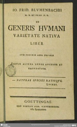 Io. Frid. Blumenbachii ...De Generis Humani Varietate Nativa Liber : Cum Figuris Aeri Incisis