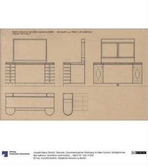 Giessen, Grossherzogliche Wohnung im Alten Schoss Schlafzimmer, drei Aufrisse, Grundriss und Horizontalschnitt des Toilettentisches