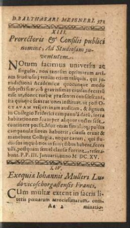 XIII. Prorectoris & Consilii publici nomine, Ad Studiosam juventutem.