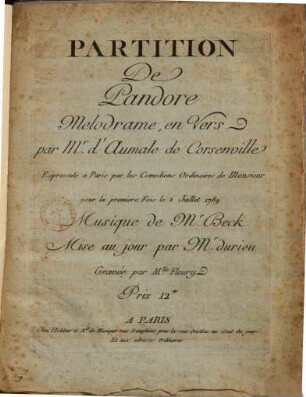Partition De Pandore Melodrame, en vers