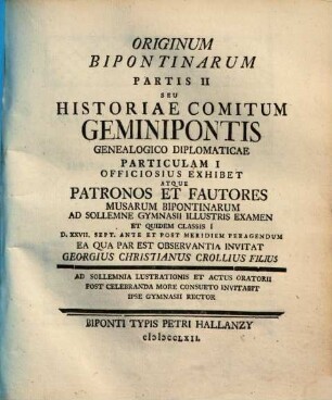 Originum Bipontinarum partis II seu Historia comitum Geminipontis genealogico diplomatica, 2