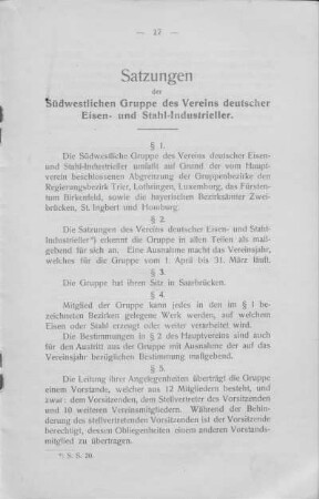 Satzungen der Südwestlichen Gruppe des Vereins deutscher Eisen- und Stahl-Industrieller.