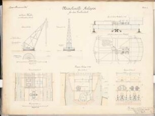 Seehafen Schinkelwettbewerb 1898: Trockendock: Maschinelle Anlagen (Kran, Drehbühne, Pumpenanlage). Ansichten 1:200, Grundriss 1:50, Schnitte 1:100, 50