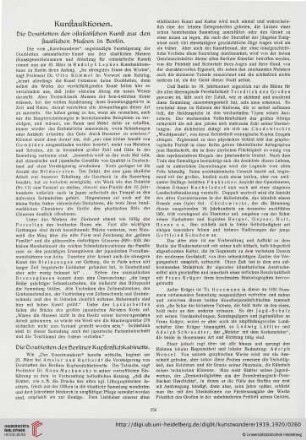 Kunstauktionen / Kunstausstellungen / Holländischer Kunstbrief / Schweizerische Kunstchronik / Aus dem Pariser Kunstleben / Newyorker Kunstschau / Denkmünze zur Erinnerung an die deutsche Revolution / Moderne Graphik