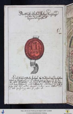Siegel und Abbildung der Stadt Freiburg, Abbildung des Freiburger Schlosses.