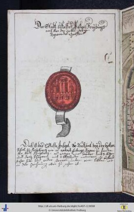 Siegel und Abbildung der Stadt Freiburg, Abbildung des Freiburger Schlosses.