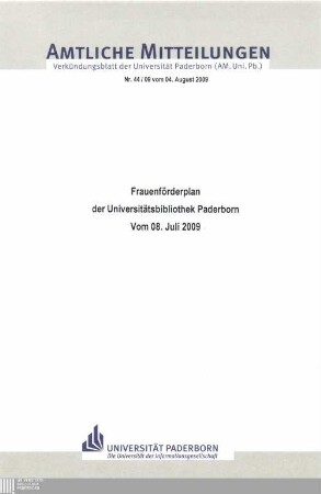Frauenförderplan der Universitätsbibliothek Paderborn : (mit statistischem Anhang) ; vom 08. Juli 2009