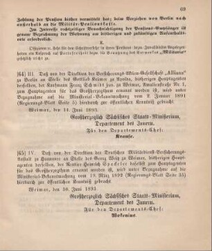 65. Ministerial-Bekanntmachung, den Wechsel in der Hauptagentur der Deutsche Militärdienst-Versicherungs-Anstalt zu Jannover betreffend