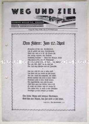 Betriebszeitung der Clemens Müller A.G. Dresden "Weg und Ziel" u.a. zum Geburtstag von Hitler