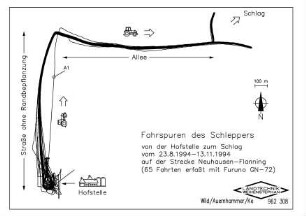 Fahrspur des Schleppers von der Hofstelle zum Schlag im Zeitraum vom 23.8 - 13.11.1994 auf der Strecke Neuhausen - Flanning (65 Fahrten ermittelt mit Furuno GN-72)