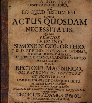 Disputatio Iuridica, De Eo Quod Iustum Est Circa Actus Quosdam Necessitatis