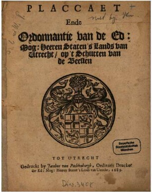 Placcaet Ende Ordonnantie van de Ed. Mog. Heeren Staten 's Lands van Utrecht, op't Schutten van de Beesten