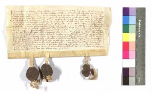 Engelhard von Neudeck übergibt an Conrad von Helmstadt, seinem Schwager seinen Teil an der Burg Neudeck; Siegel: Engelhard von Neudeck, Conrad und Hermann von Neudeck.