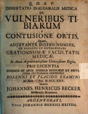 Dissertatio Inauguralis Medica De Vulneribus Tibiarum A Contusione Ortis
