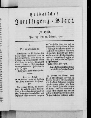 9tes Stück, Ausgabe vom 27. Februar, 1807