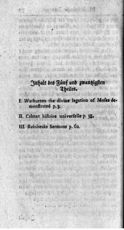 Inhalt des Fünf und zwantzigsten Theiles.