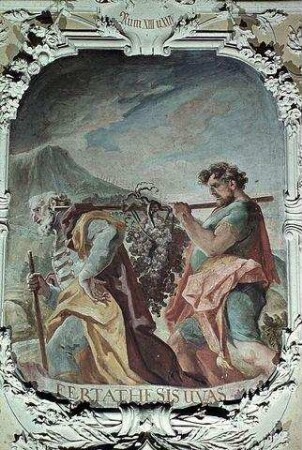 Die Kundschafter des Moses in Kanaan, mit Inschrift: Die Etsch bringt Trauben hervor