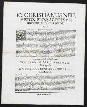 Jo. Christianus Neu, Histor. Eloq. Ac Poes. P. P. Universit. Nunc Rector. L. S.