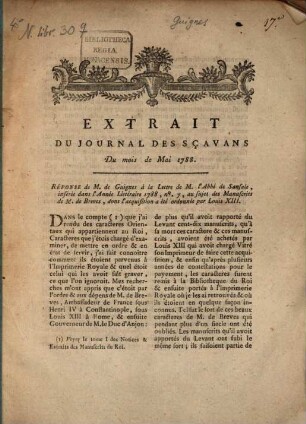 Réponse de M. de Guignes à la lettre de M. l'Abbé de Sansale, insérée dans l'Année littéraire 1788, No 7, au sujet des Manuscrits de M. de Breves, dont l'acquisition a été ordonnée par Louis XIII : (Extrait du Journal des Sçavans, Mai 1788)