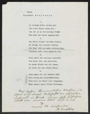 Brief von Arnold Gustavs an Gerhart Hauptmann