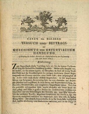 Carl's Von Dalberg Beytraege Zur Geschichte Der Erfurter Handlung : Mit Urkunden Und Fürstl. Saechsischer Von Kuhrmaynz Und Dem Fürstlichen Hause Sachsen renovirter Geleits-Tafel von 1441.