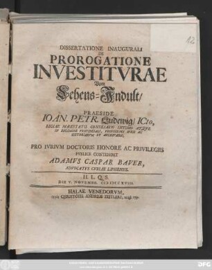 Dissertatione Inaugurali De Prorogatione Investitvrae