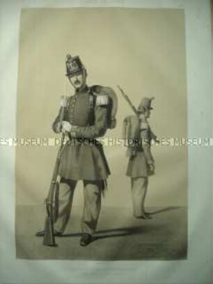 Uniformdarstellung, Soldat der Militärischen Verwaltung und Sanitäts-Soldat, Frankreich, 1859. Tafel 53 im Buch: Armand-Dumaresq: Uniformes de l'Armée Française.