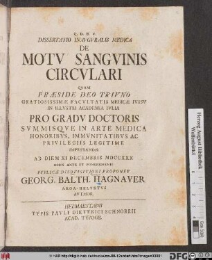 Dissertatio Inavgvralis Medica De Motv Sangvinis Circvlari