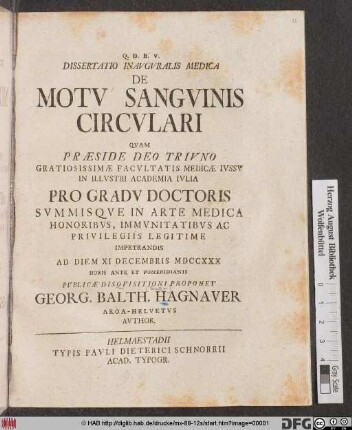 Dissertatio Inavgvralis Medica De Motv Sangvinis Circvlari