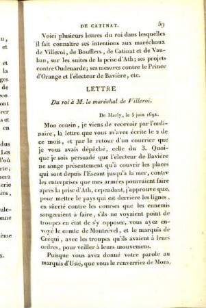 [Lettres]. Lettre Du roi à M. le maréchal de Villeroi. Lettre Du roi au maréchal de Catinat.