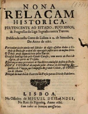 ... relaçam historica pertencente ao estado, successos, & Progressos da Liga Sagrada contra Turcos : publicada nesta Corte de Lisboa ..., 1686,9. ... a 12. de Setembro, Do Anno de 1686