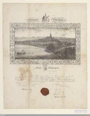 Königreich Württemberg. Stadt Schwaigern : [Handwerksbrief, Böttcher, Schwaigern, 1850]; Nachdem der gelernte Kübler, Jacob Vogt von Kleingartach Oberamts Brakenheim ... das Meisterrecht bei der Kübler Zunft erlangt hat, so wird ihm ... der gegenwärtige Meisterbrief zugestellt. Schwaigern den 8. Augst. 1850 ...