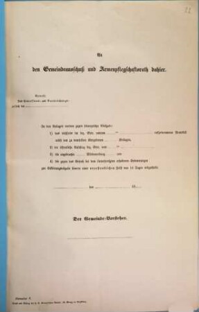An den Gemeindeausschuß und Armenpflegschaftsrath dahier : Betreff: Das Concessions- und Verehelichungs-Gesuch des [...]