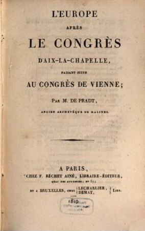 L' Europe après le congrès d'Aix-la-Chapelle