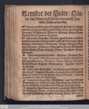 Register der Städt/ Länder und Königreich/ so unter den zwölff Himlischen Zeichen gelegen sind.