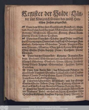 Register der Städt/ Länder und Königreich/ so unter den zwölff Himlischen Zeichen gelegen sind.