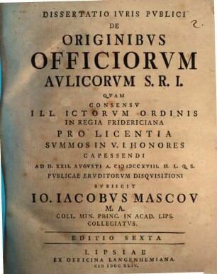 Diss. iur. publ. de originibus officiorum aulicorum S. R. I.