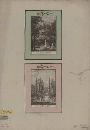 Ansichten aus dem Seifersdorfer Tal, Kupferstich, 1792 : Urne mit einem Schmetterling, Ahndung künftiger Bestimmung; Tempel dem Andenken guter Menschen nebst dem Altar der Tugend / Darnsted del et sc. [Hrsg.: W. G. Becker] - [Leipzig] : [Voß & Leo] , [1792]. - 2 Ansichten auf 1 Kunstbl. : Kupferst. ; je 11 x 15 cm