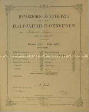 Schulzeugnis der Realschule I. O. Leipzig für Ernst Heinrich Degen, Klasse VIb; Ostern 1881