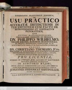 Dissertatio Inauguralis Juridica, De Usu Practico Accuratæ Distinctionis Inter Emtionem Cum Pacto De Retrovendendo Et Contractum Pignoratitium