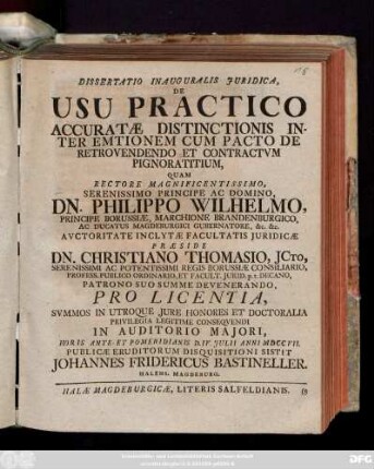 Dissertatio Inauguralis Juridica, De Usu Practico Accuratæ Distinctionis Inter Emtionem Cum Pacto De Retrovendendo Et Contractum Pignoratitium