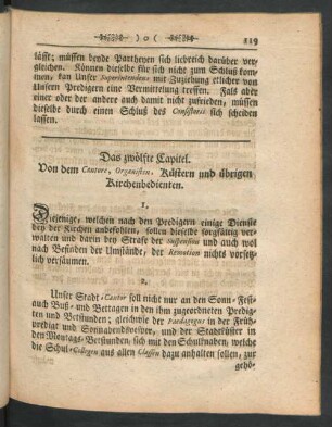 Das zwölfte Capitel. Von dem Cantore, Organisten, Küstern und übrigen Kirchenbedienten