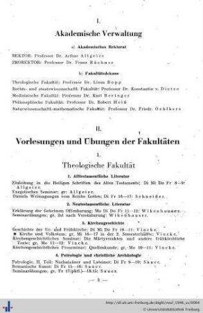 II. Vorlesungen und Übungen der Fakultäten