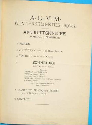 A.G.V.M. Wintersemester 1896/97. Antrittskneipe Samstag, 7. November ...