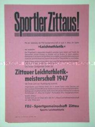 Maueranschlag der FDJ Zittau mit dem Aufruf zur Teilnahme an einer Leichtathletik-Meisterschaft