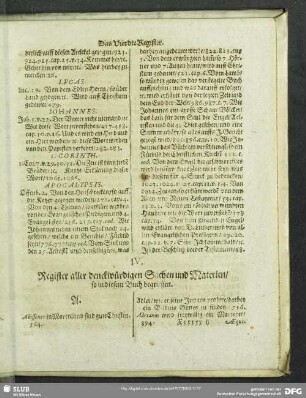 IV. Register aller denckwürdigen Sachen und Materien, so in diesem Buch begrieffen