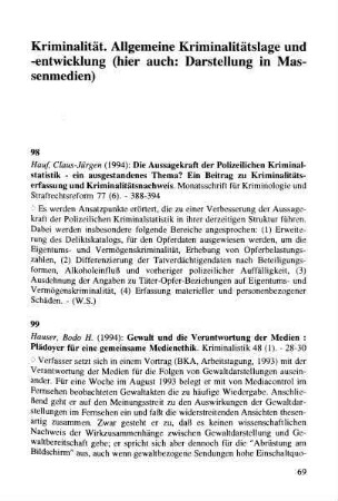 69-134, Kriminalität. Allgemeine Kriminalitätslage und -entwicklung (hier auch: Darstellung in Massenmedien)