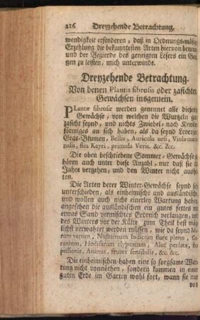Dreyzehende Betrachtung. Von denen Plantis fibrosis oder zasichten Gewächsen insgemein